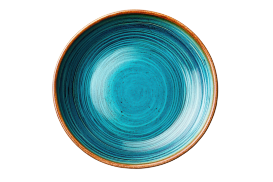 Ceramic plate with blue spiral design and orange rim, cut out