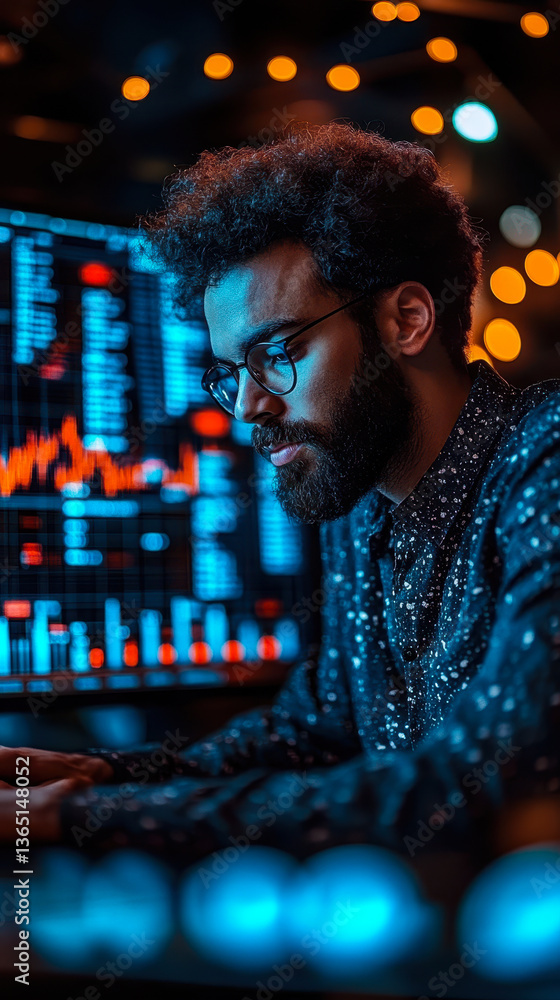 Poster data-driven marketing strategy: man analyzing statistics with blue accelerating graphs