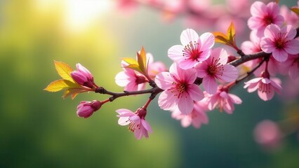 Delightful Pink Blossoms on a Branch Basking in Soft Sunlight, a Symbol of Spring's Gentle Arrival