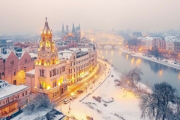 Fototapeta premium twilight - french-german footbridge - Strasbourg. Beautiful simple AI generated image