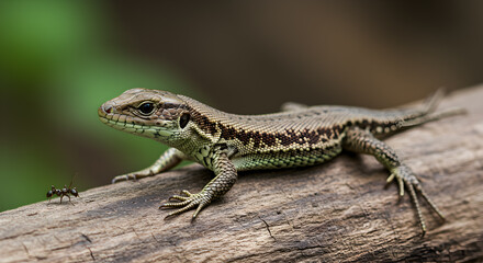 Naklejka premium A patient european lizard observes an ant on a mossy log in woodland setting