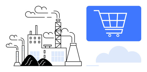Smokestack factory with emissions near a digital shopping cart icon, symbolizing production and commerce. Ideal for economics, sustainability, e-commerce, business, trade, industrialization, global