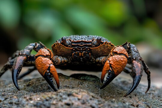 Sharp-clawed coconut crab crawling along a rocky shore
