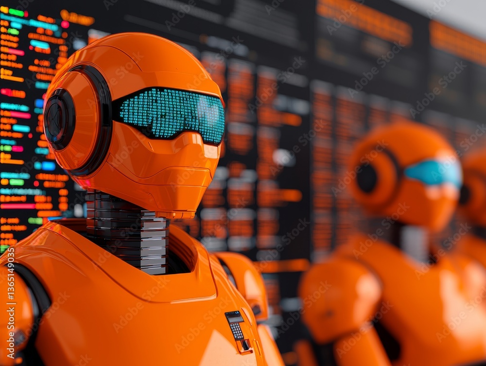 Poster futuristic orange robots working on technology innovations in a high-tech lab environment close-up v