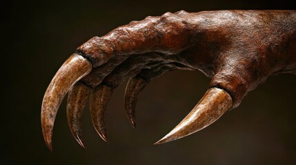 Naklejka premium Close-up of a monstrous clawed hand, detailed texture and sharp claws. Dark background emphasizes the ominous feel.