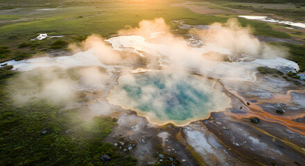 Aerial view of geothermal area with rising steam and mineral deposits in Iceland