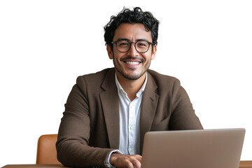 Handsome young man using laptop isolated on white
