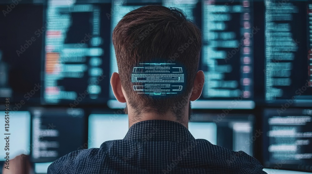 Poster programmer working late on code in office environment focused perspective high-tech atmosphere