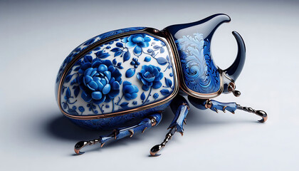 A unique souvenir. Ceramic beetle with a floral pattern and golden gilding. Scarab. Precious jewelry on a light background