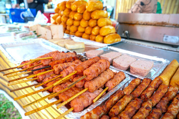 Nem lui fue, grilled minced pork sausages on lemongrass skewers, Vietnamese cuisine
