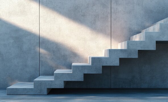 Modern concrete stairs ascend against a light-filled wall. Sunlight casts subtle shadows