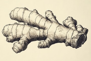 Detailed illustration of a ginger root showcasing its unique shape and texture against a neutral background