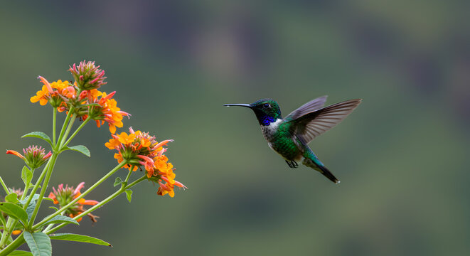 Colorful Puffleg Hummingbird mid-flight towards vibrant Andean blossoms in bloom
