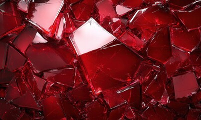 Abstract red glass shards create a striking, geometric pattern with reflections.