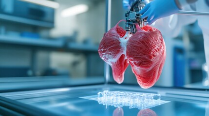 A high tech AI powered 3D bio printing facility, scientists printing human organs using advanced bioprinting technology, Medical tech style