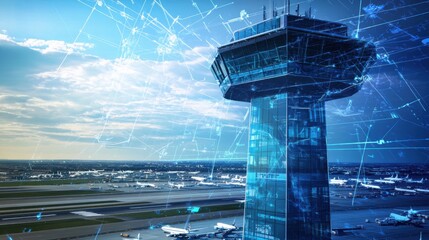 A high tech AI powered air traffic control tower, real-time optimization of global flight routes with predictive analytics, Aviation tech style