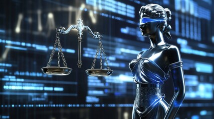 A high tech AI powered automated legal assistant, virtual assistant providing real-time legal advice based on case data and precedents, Legal tech style