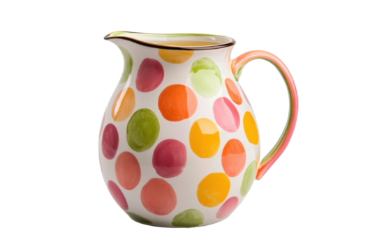 Colorful polka dot ceramic pitcher with handle on black background, cut out