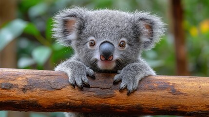 Naklejka premium Adorable baby koala clinging to a branch, looking directly at the camera