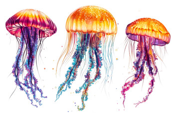 Colorful jellyfish dance in underwater landscape artistic cut out