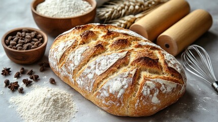 Naklejka premium Crusty artisan bread with flour, wheat, and baking tools