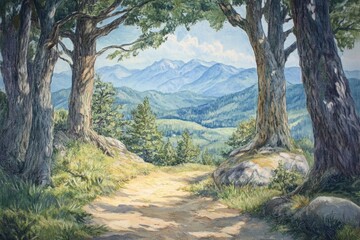 Fototapeta premium Hendersonville Scenic View: Trees and Path at Jump Off Rock with Blue Ridge Mountain Range in North Carolina