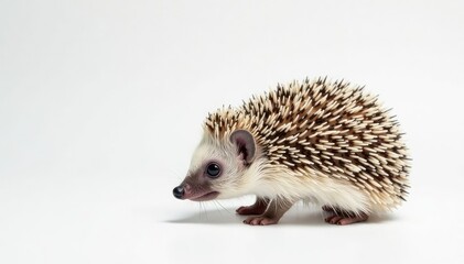 Obraz premium A lone hedgehog, perfectly centered, against a stark white backdrop, illustration, small, wildlife photography