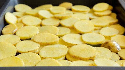  raw potato slices in a tray ready to be baked close-up