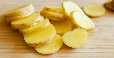  raw potato slices in a tray ready to be baked close-up