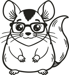 Obraz premium chinchilla with glasses, cute animal illustration adorable rodent character, black and white drawing