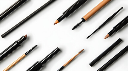 Assorted makeup tools on white background: eyeliners, brow pencils, mascara brushes