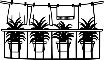 Balcony with hanging laundry and potted plants illustration