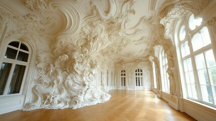 Intricate, flowing white stucco dominates a grand room with hardwood floors and tall windows