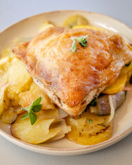 roasted chicken thigh with potatoes, lemons, and shallot onions in a dish close-up