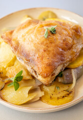 roasted chicken thigh with potatoes, lemons, and shallot onions in a dish close-up