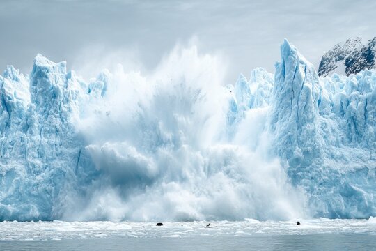 A glacier calving creates a dramatic explosion of water and ice