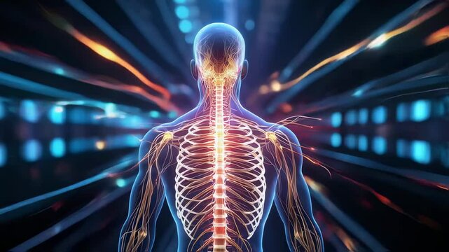 Futuristic 3D visualization of human anatomy focusing on spine and neural system with glowing energy lines, representing neurological activity and medical technology