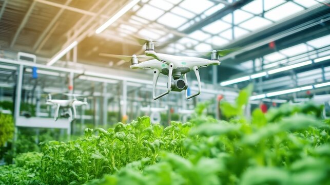 A high tech AI powered urban farming system, vertical farms and drones optimizing plant growth with real-time data and analysis, Agricultural tech style
