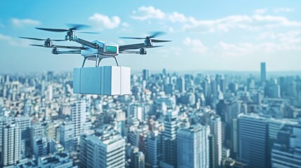 A high tech drone based delivery system, automated drones transporting packages in a futuristic cityscape, Logistics tech style