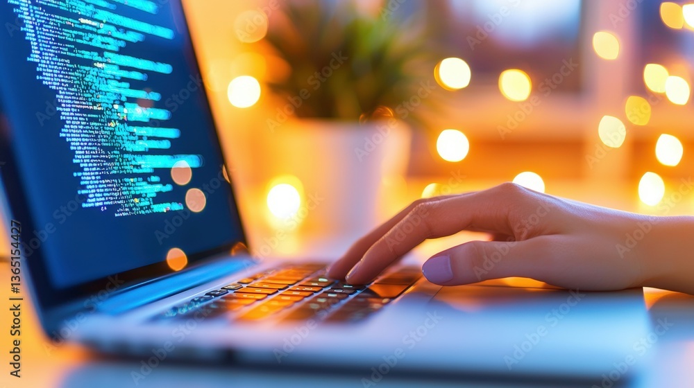 Poster a hand typing on a laptop displaying code, surrounded by a softly lit background, suggesting focus a