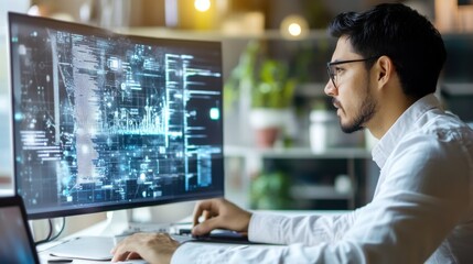 A machine learning developer applying AI for personalized education systems, classroom with student data and AI models visible, High-tech style