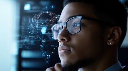 A machine learning developer applying AI for personalized education systems, classroom with student data and AI models visible, High-tech style