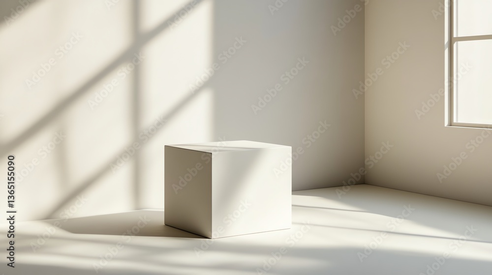 Poster white cube display in bright room with window light