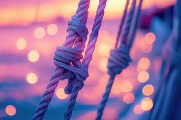 Close-up of nautical ropes tied in knots, set against a vibrant sunset bokeh background.