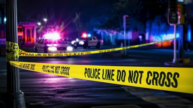 Yellow police tape reading &ldquo;Police line do not cross&rdquo; stretched across a dark urban street with flashing patrol car lights in the background, evoking a tense crime scene atmosphere