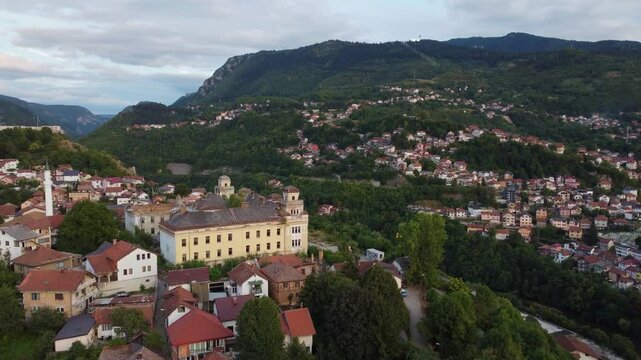 Aerial view over former Austro-Hungarian Jajce Barracks and Mount Trebevic in Sarajevo, Bosnia and Herzegovina