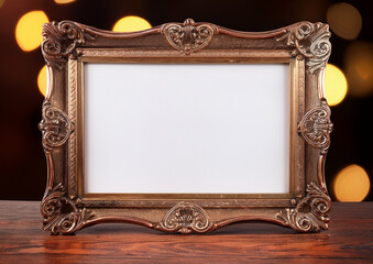Generated Image vintage mockup blank photo frame with blank space on wooden table and blurred nature bokeh  background, perfect for mockups, design templates, or rustic-themed visuals.