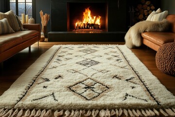 Cozy living room with cream rug featuring geometric design, in front of a fireplace