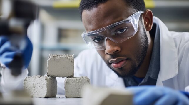 A material scientist researching self healing concrete for infrastructure, lab with concrete samples, crack testing equipment
