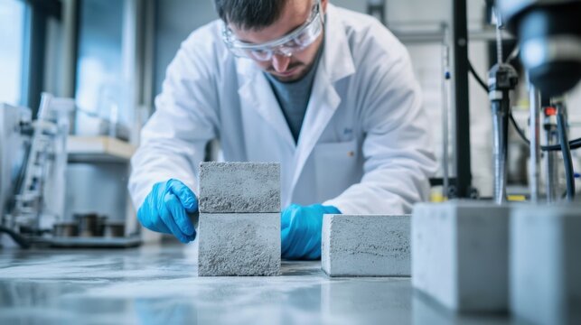 A material scientist researching self healing concrete for infrastructure, lab with concrete samples, crack testing equipment